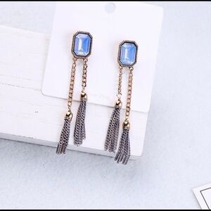 Blue Rhinestone Antiqued Dangle Drop Earrings